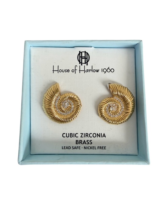 House of Harlow 1960 Jewelry - House of Harlow 1960 Gold Nautilus Spiral Stud Earrings with Cubic Zirconia